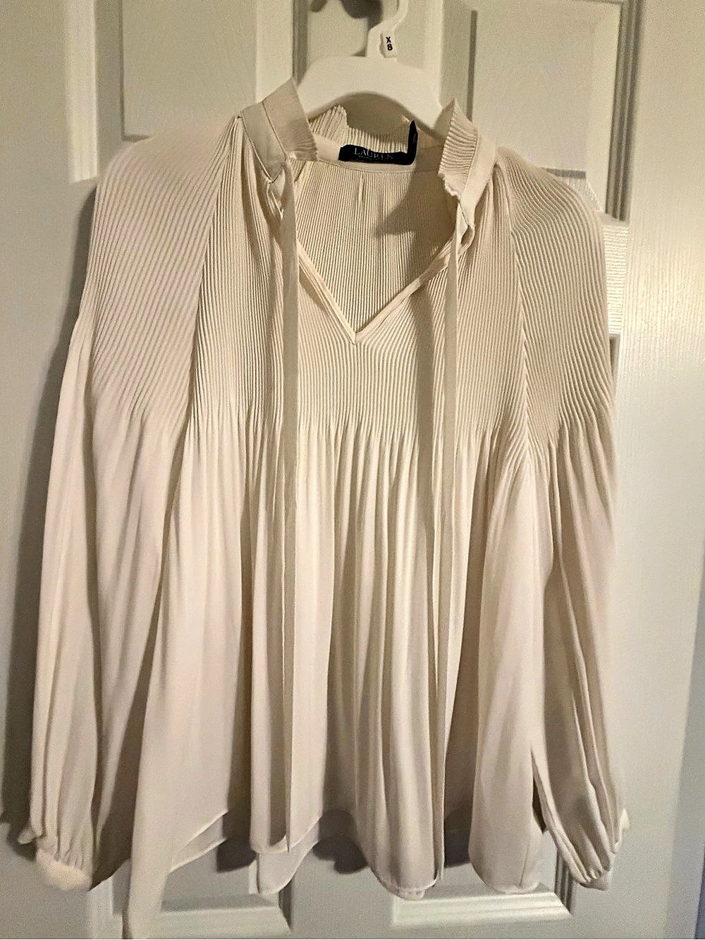Lauren Ralph Lauren Pleated Georgette Tie-Neck Blouse Cream Petite Small